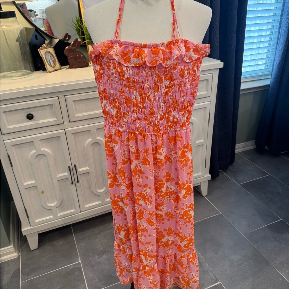 Floral Pink and Orange Spaghetti Strap Dress